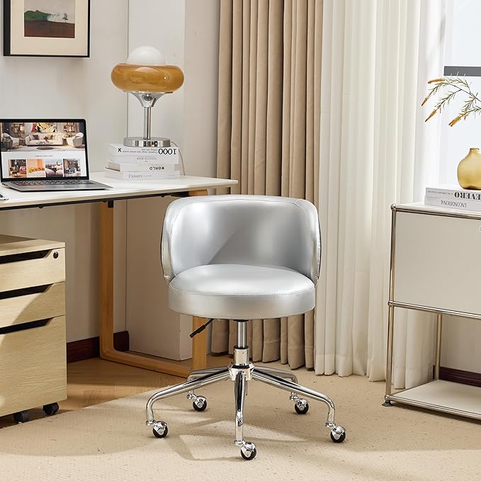 VINGLI Cute Small Swivel Desk Chair Comfy with Wheels,Ergonomic Low-Back Lumbar Support Vanity Nail Tech Rolling Task Stool Chair for Home Office,Height Adjustable,PU Leather Silver&Suede Black