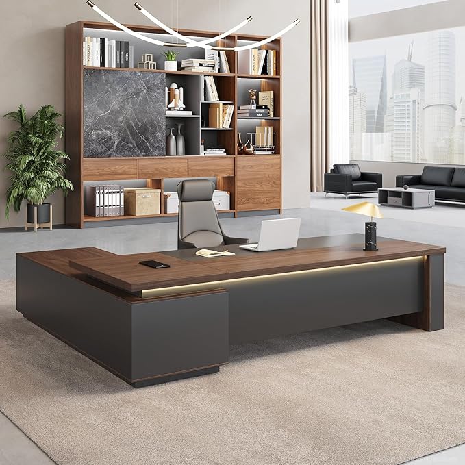 63" L-Shaped Executive Desk with Reversible Return, Locking Drawers, Built-in Power Outlet & LED Accent Light, Modern Office Desk with Storage and Privacy Panel, Walnut & Graphite Gray
