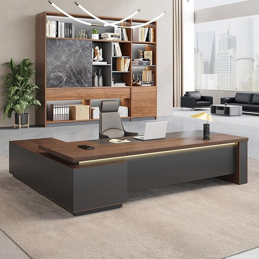 79" L-Shaped Executive Desk with Reversible Return, Locking Drawers, Built-in Power Outlet & LED Accent Light, Modern Office Desk with Storage and Privacy Panel, Walnut & Graphite Gray