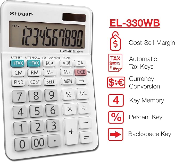 Sharp EL-330WB Standard Function Basic Desktop Calculator, Large Display, for Home and Office, Dual Power, Solar and Battery…