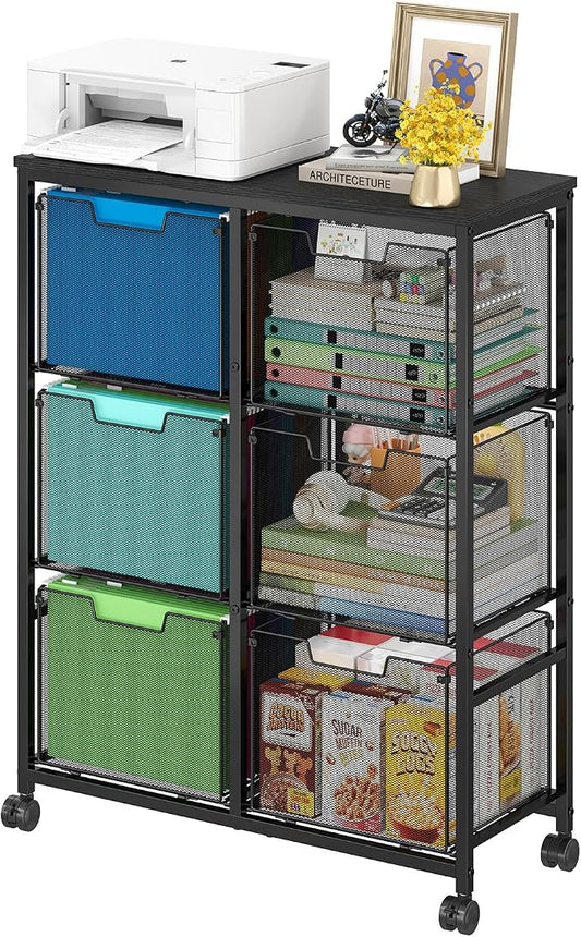 Sbanmao 6 Drawer Lateral File Cabinet with Wheels, Mobile File Cabinet & Printer Stand, Heavy Duty Wood Top for Large Printers, Under Desk Storage Cabinet Fits Letter Size Files for Home Office, Black