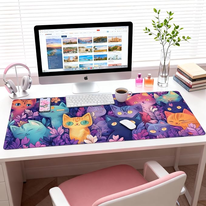 Cute Anime Cats Gaming Mouse Pad, Candy Anime Desk Mat with Anti-Slip Base & Stitched Edges, Office & Home Desk Decor for Women, 35.4" x 15.7" in Computer Desktop Mat