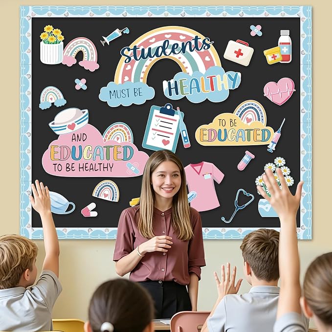 48Pcs Boho Healthy Bulletin Board Decorations Set, Welcome Back to School Classroom Decorations Kit, Nursing Appreciation Office Decor Medical RN Cutouts Healthcare Workers Chalkboard Door Wall Decor