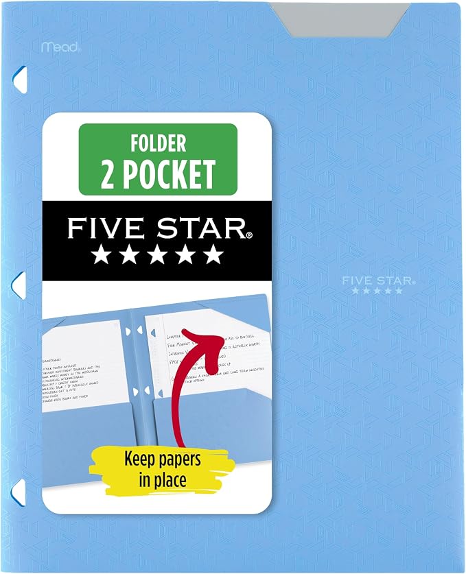 Five Star 2-Pocket Folder, Plastic Folder with Stay-Put Tabs, Fits 3-Ring Binder, Holds 8-1/2" x 11" Paper, Pacific Blue (333420C-ECM)