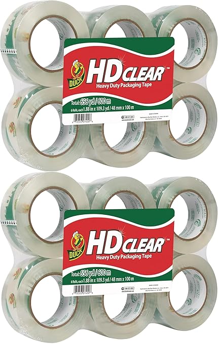 Duck HD Clear Heavy Duty Packing Tape, Extra Long 1.88” x 109 Yards per Roll, 3" Core, 6 Rolls (299016) - Pack of 2