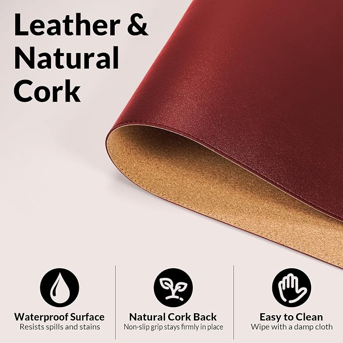 AFIING Cork Desk Mat, 35.4" x 17", Red,Desk pad Protector | Dual-Sided Cork & PU Leather, Large Mouse Pad, Non-Slip & Waterproof