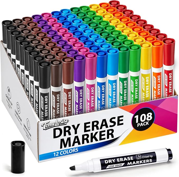 Dry Erase Markers Bulk,108 Count Whiteboard Markers in 12 Colors, Chisel Tip Wipe Clean Low Odor Dry Erase Pens for Office, Classroom, Home, Back to School Supplies