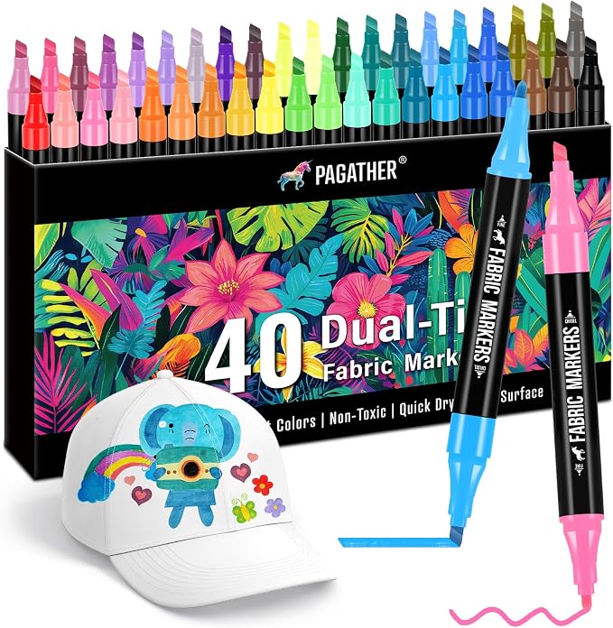 Pagather Fabric Markers, 40 Colors Dual Tip Pens for Clothes | For T-Shirts, Tote Bags, Canvas, Shoes & DIY Fabric Projects, Create Detailed Designs and Creative Patterns
