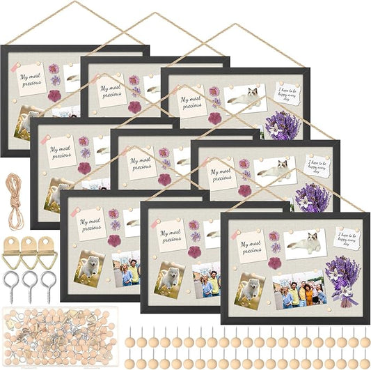Teling 9 Pack Wood Bulletin Boards with Linen 12''x 16'' Cork Board for Walls with 90 Pushpin Decorative Wood Framed Display for School Office Home Decor (Black)