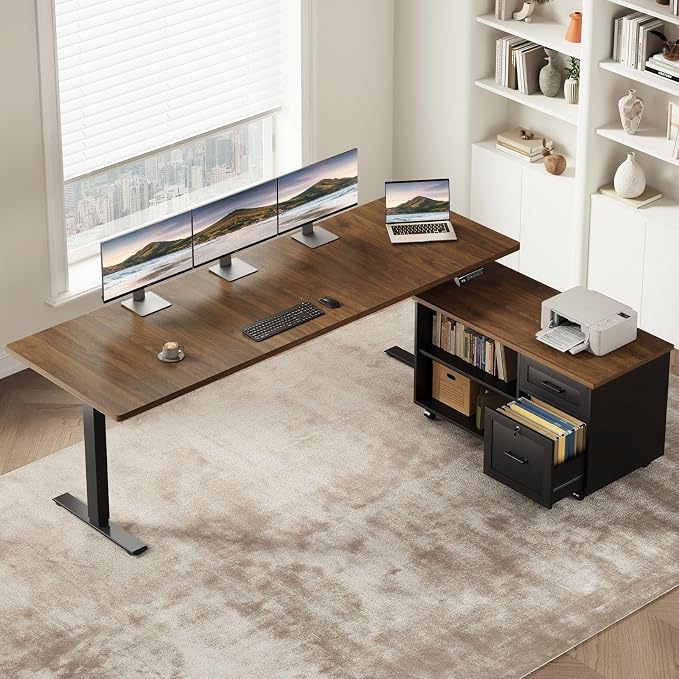 71" L Shaped Electric Standing Desk with Cabinet Sets, Walnut/Black | Mobile Drawers & File Cabinet Sets for Flexible Layout, Height Adjustable Executive Stand Up Desk for Home Office Workstation
