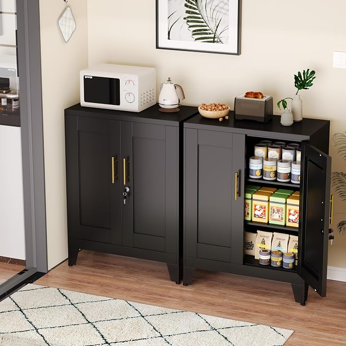 GAIOUS Black Metal File Cabinet with Lock(Two Units), Steel Storage Cabient | with 2 Doors and 2 Adjustable Shelves, Multifunctional Locked Cabinet for Home/Office/Garage/Tool Room, Accent Furniture