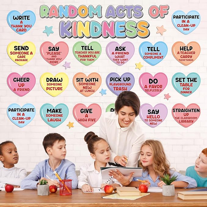 Random Acts of Heart Kindness Bulletin Board Set Colorful Motivational Classroom Decoration Sweet Candy Heart Kind Challenge Cutouts for Back to School Office Home Chalkboard Decor Wall Door