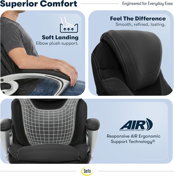 Serta Bryce Executive Office Chair - Ergonomic Computer DeskChair with Lumbar Technology - Adjustable Height - Memory Foam Body Pillows - 360° Swivel Rolling Base - Bonded Leather - Black