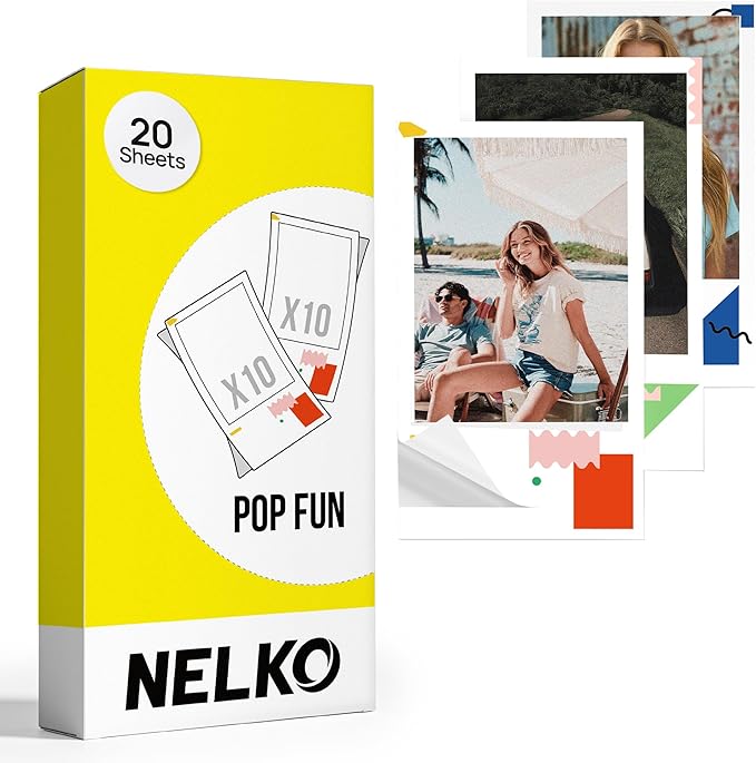 Nelko 52.3x90mm (2.06"x3.54") Premium Photo Paper, 20-Pack Genuine PP01 Pocket Printer Paper, Sticky Back Picture Paper, Compatible with Nelko PP01 Photo Printer, Easy to Peel Off, Pop Fun
