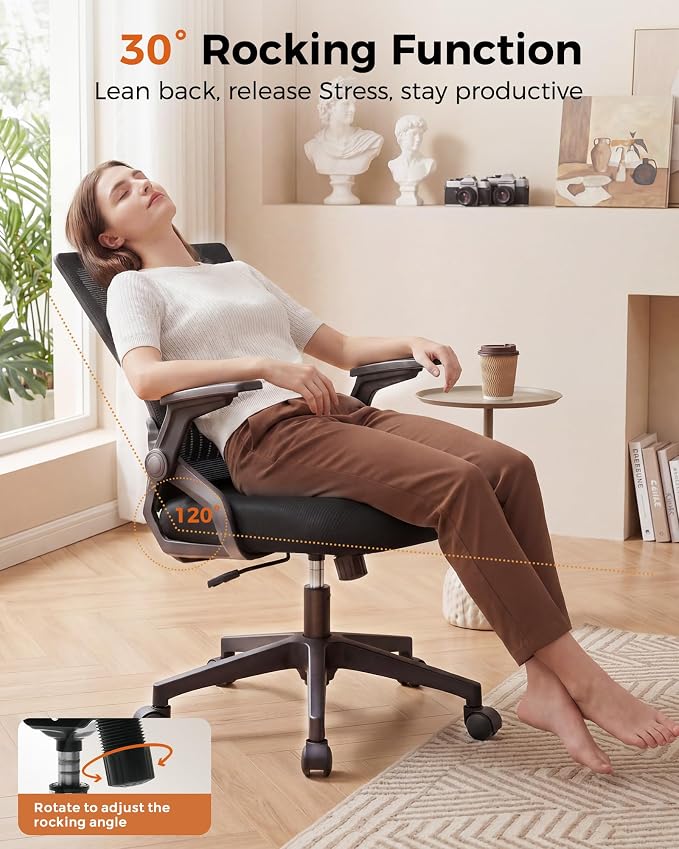 GTPLAYER Ergonomic Office Chair with Flip-up Armrests Executive Computer Chair for Home Office, Breathable Mesh & Comfy Lumbar Support, Black