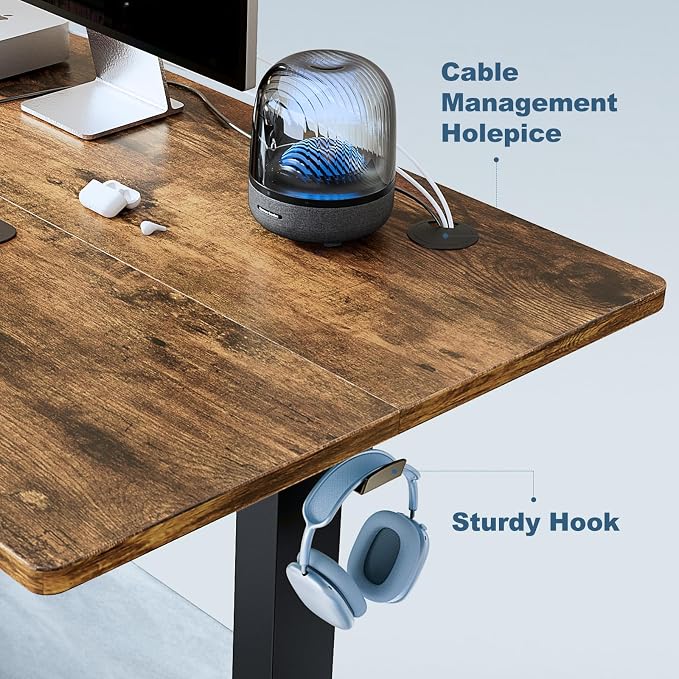 DUMOS 63 Inch Electric Standing Desk, Memory Adjustable Home Office Desk | Sit Stand Up Desk for Work Home Office,Adjustable Desk, Rising Computer Table with Splice Board,Cable Management,Hook,Brown