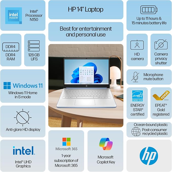 HP Pavilion Laptop 2026 Notebook for Students & Remote Work, Intel N150, 16GB RAM, 128GB Storage, 256GB SD Card, Lightweight, Long Battery Life, Wi-Fi 6, 1 Year Office 365, Win 11 Home S, Steel Blue