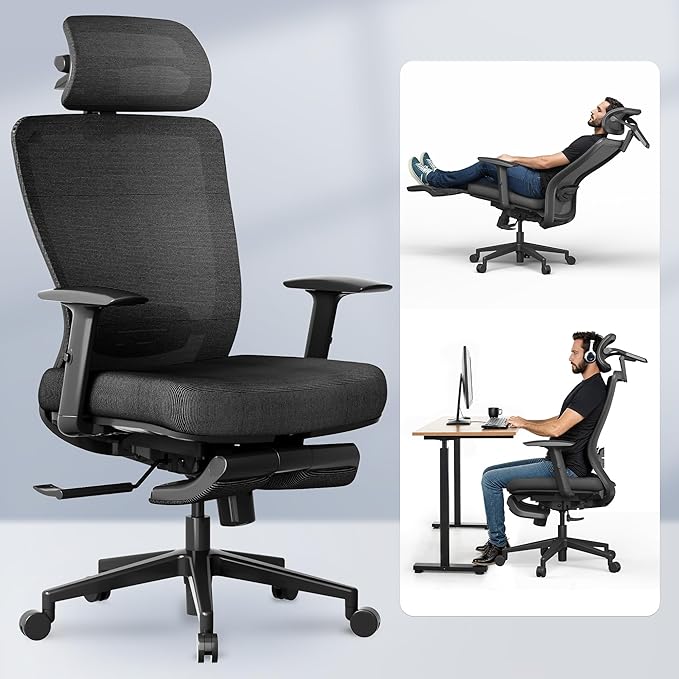 FLEXISPOT Ergonomic Office Chair with Footrest, Mesh High Back Computer Chair, Home Office Desk Chairs, with Adjustable Lumbar Support/4D Headrest/Reliable Base, Elastic Foam Seat, Black, OC3 Cloud-F