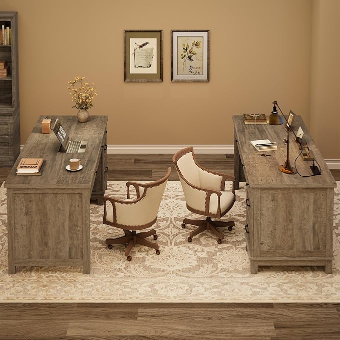 Garvee 53.5" Wooden Home Office Desk with File Drawers, Executive Desk with Power Outlet, Farmhouse Wood Desk with Storage, Distressed Study and Work Table, Rustic Grey
