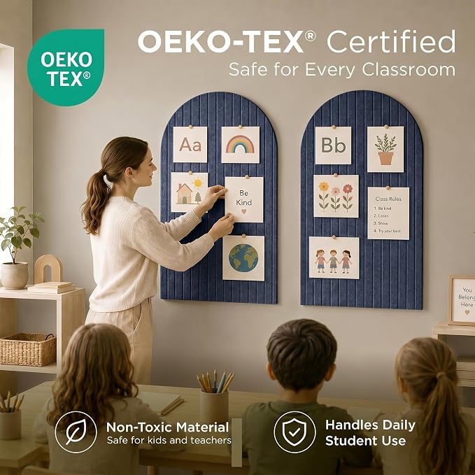Large Felt Bulletin Board Arched 35" x 24" - Cork Board Alternative for Wall, 6 Felt Tiles with 32 Adhesive Tabs, Stylish Pin Board for Home Office, Bedroom & Classroom (Indigo)