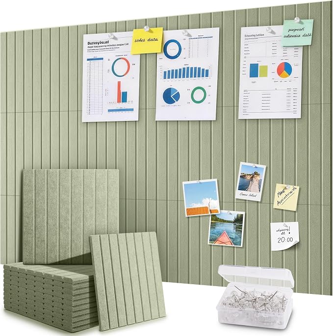 Cork Bulletin Board Tiles, Office Pin Board | 48" x 36" Large Wall Panels for Office, Dorm, Room and Desk Decor (Sage Green)