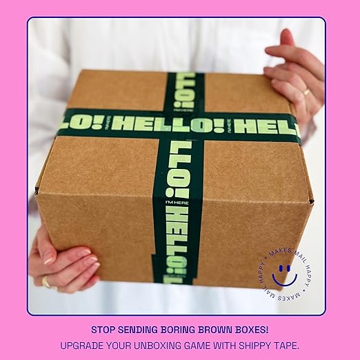 Decorative Packing Tape with Pink Dispenser – Hello! I'm Here, Dark Green Mint, 1.88" x 22.2 Yards – Cute Printed Shipping Tape for Gifts, Small Business Essentials, and Mailers