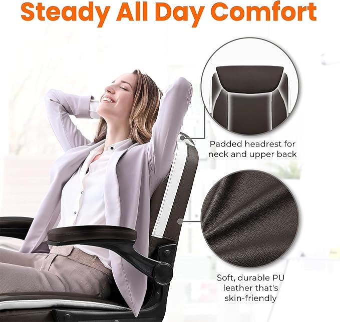 NEO CHAIR Office Desk Computer Chair Ergonomic Executive Mid-Back Leather Gaming Chair with Adjustable Flip-Up Armrests Wheels Swivel for Home Study Task (Brown)
