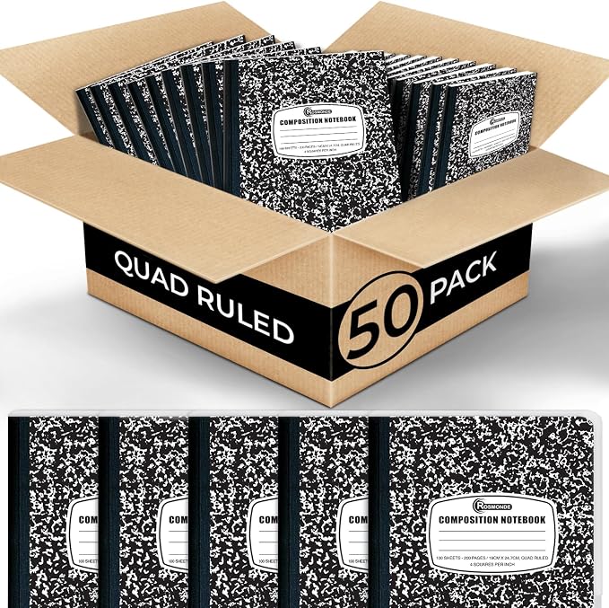 50 Pack Graph Paper Composition Bulk, Graph Composition Notebook | Bulk Graphing Notebook, 4x4 Grid, 100 Sheets (200 Pages), 9-3/4 x 7-1/2, Quad Ruled Composition Book, Hard Sewn Bound Cover