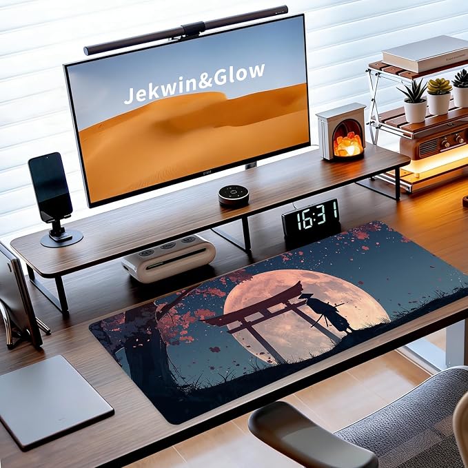 Japanese Samurai Gaming Mouse Pad, Desk Mat, Large Mousepad with Non-Slip Rubber Base XL Extended, Big Keyboard Mat Office&Home, Gamers, 31.5x11.8in, Cherry Blossom