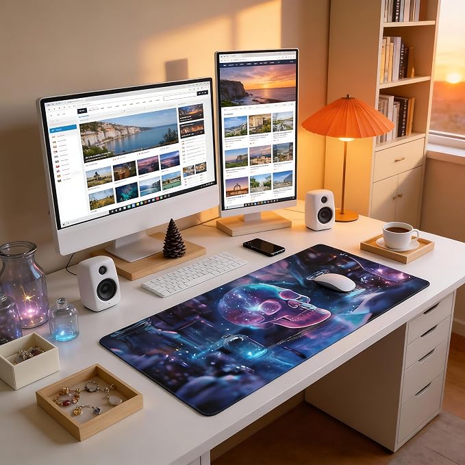 Aesthetic Skull Gaming Mouse Pad, Deep Blue Cyber Desk Mat with Anti-Slip Base & Stitched Edges,35.4" x 15.7" in Table Mat for Computer Desktop, Beautiful Workstation Decor