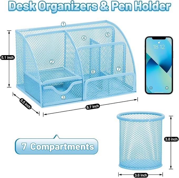 13-in-1 Office Desk Organizer Set for Back to School Supplies Accessories | Organizer Set with Stapler and Tape Dispenser, Pen Holder, Scissors, Ruler, Hole Punch, 2 Pens & More Desk Supplies