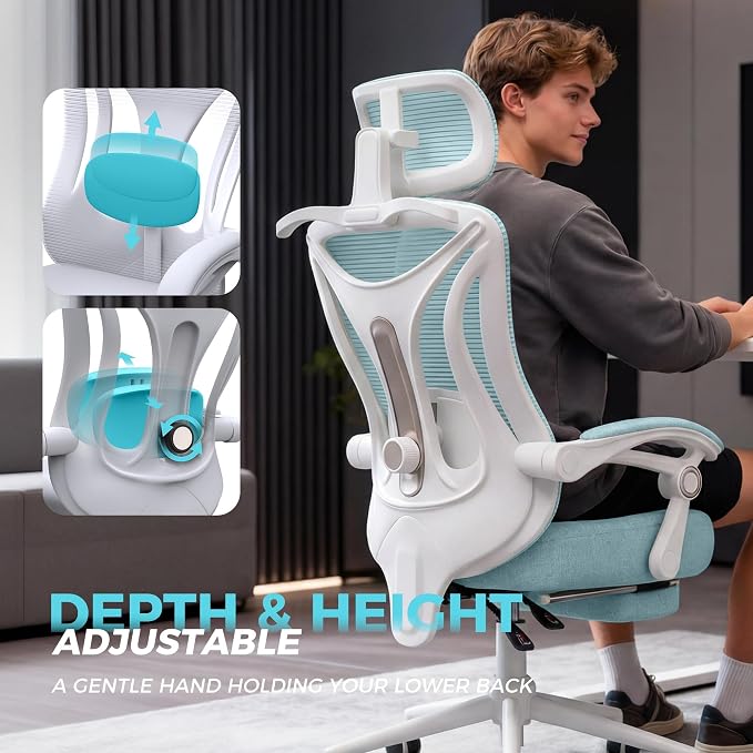 CYKOV Ergonomic Office Chair, Reclining, Footrest, Adjustable Lumbar, 350LB | 4-Way Headrest (4.72" + 60°), 2-Way Lumbar (2" + 1.18"), 90-135° Recline, Breathable Mesh, Gaming & Office, 5-Year Warranty
