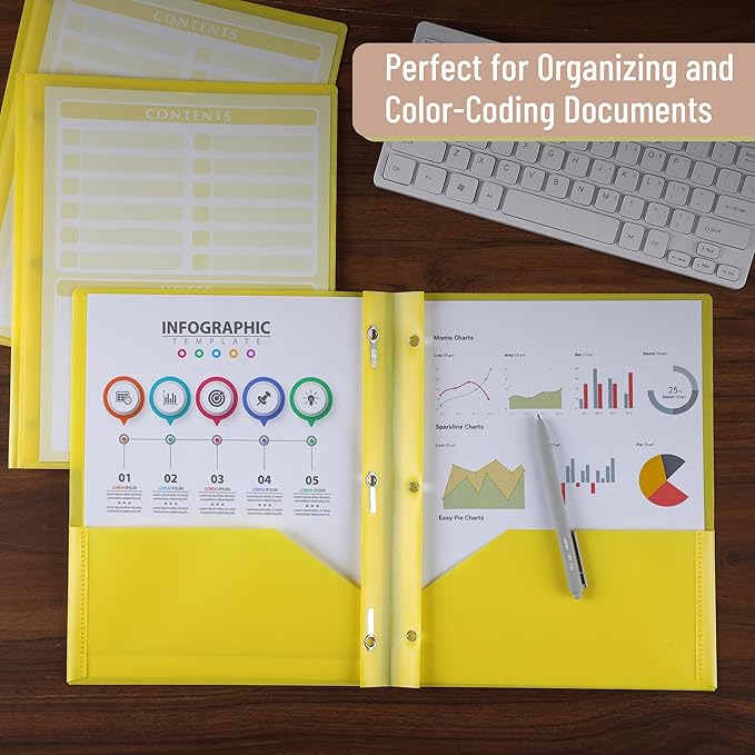 Mr. Pen- Plastic Folders with Pockets and Prongs, 24 Pack, Letter Size, Yellow, Flexible Plastic Folders with Prongs, Clear Front Pocket and Card Slot