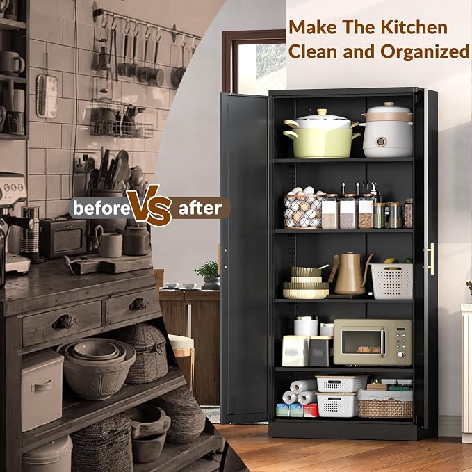 BESFUR 71" Tall Black Kitchen Pantry Cabinet, Metal Food Storage Cabinet with 4 Adjustable Shelves, Freestanding Cupboard with Doors for Kitchen, Dining Room, Living Room, Bathroom, Laundry Room