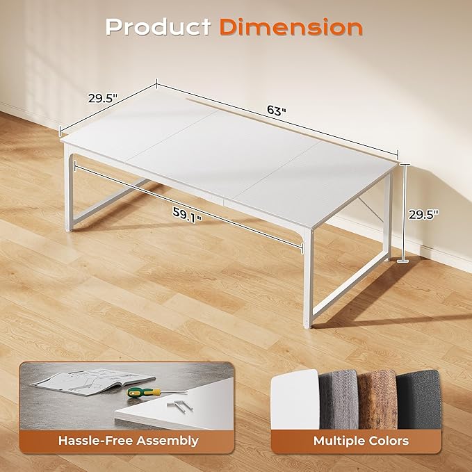 63 x 29.5 Inch Computer Desk with Deeper Desktop, Gaming Office Writing Work Desk for Home Office, Study, Bedroom, Work from Home, Metal Frame, White