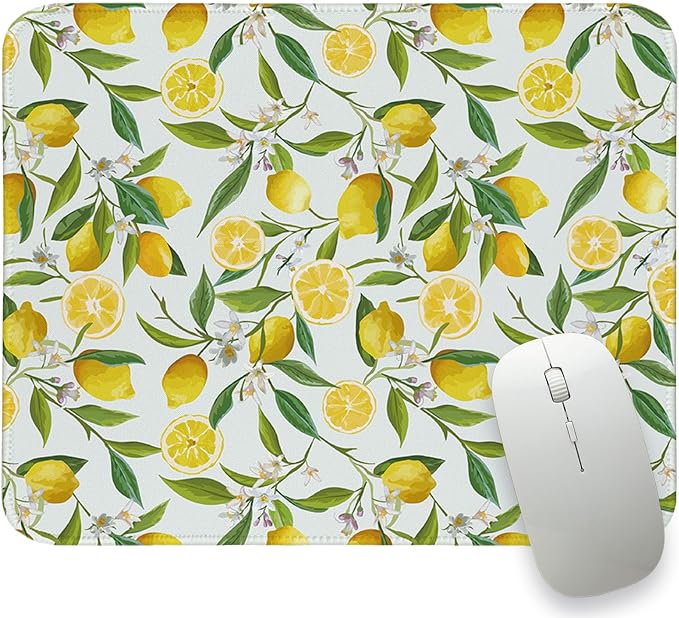 Lemon Mouse Pad Yellow Flroal Small Mouse Pads, Rectangle Summer Travel Desk Mat for Computer Mouse Mats Retro Lemons Gifts Office Decor for Women Girls 10.2x8.2