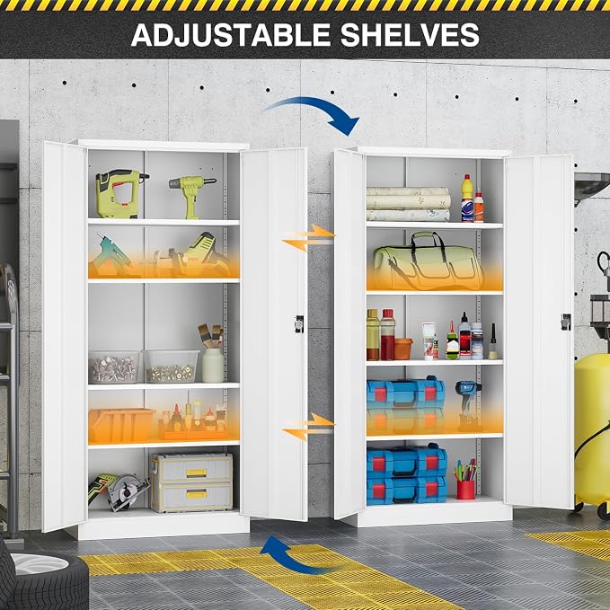Fesbos Metal Storage Cabinet-72” Tall Steel File Cabinets with Lockable Doors and Adjustable Shelves-White Steel Storage Cabinet for Kitchen, Office, Garage