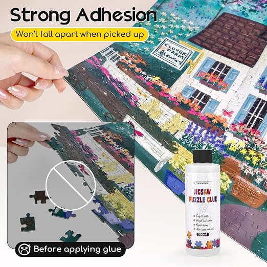 YAKAMOZ Jigsaw Puzzle Glue Clear, Quick Drying with Scraper, 200mL | Puzzle Preservation | Glossy Finish | Even Spreading | Creative Projects