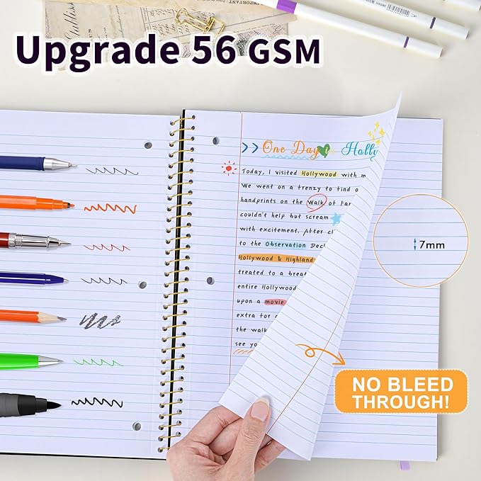 Spiral Notebook College Ruled Paper 8" x 10-1/2", 1 Subject Spiral Notebook, 3-Hole Punched Perforated Pages Ideal for School, Office, Writing, 95 Sheets Lined Journaling Notebook, Black