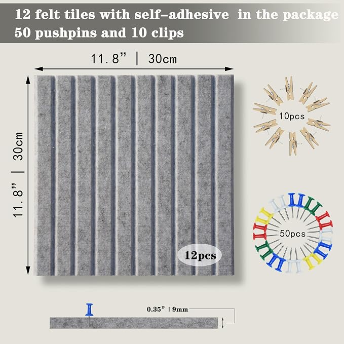 YOUDEFUL 47" x 35" Large Felt Bulletin Board, Light Grey | 12 Pcs Self-Adhesive Cork Board Alternative, Pin Boards for Wall Decor, Home, Office, Classroom,Dorm