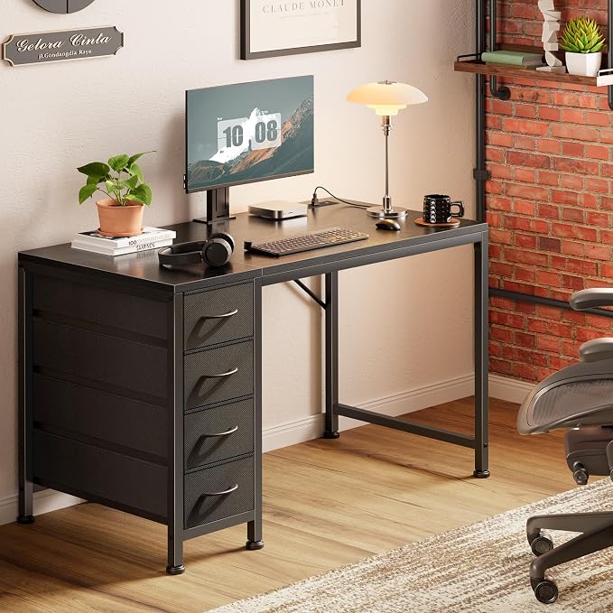 39.4 Inch Computer Office Desk with Power Outelts and USB-C Port, Reversible Gaming Desk with 4 Fabric Drawers, Work Study Desk Work from Home, Black