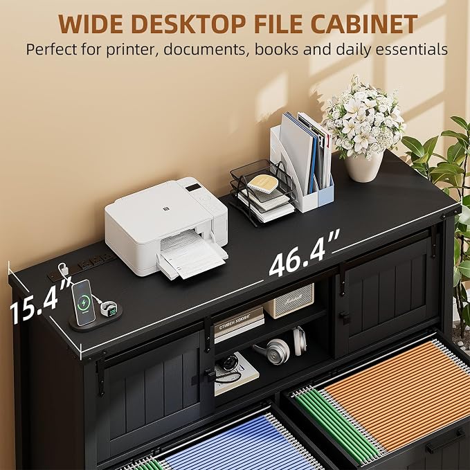Farmhouse File Cabinet for Legal/ A4 /Letter Size, Black | Filling Cabinet Printer Stand with Outlets & USB Ports for Home Office, Remote Work, Entryway, Sliding Doors & 2 Drawers