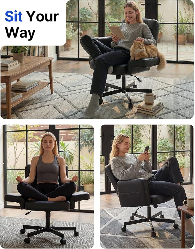 HUANUO Criss Cross Chair with 6-Point Adjustable Armrests, Pet-Friendly Criss Cross Office Chair, Comfortable Cross Leg Chair with Wide Seat, Durable PU Leather, Side Storage Pocket, Easy Assembly