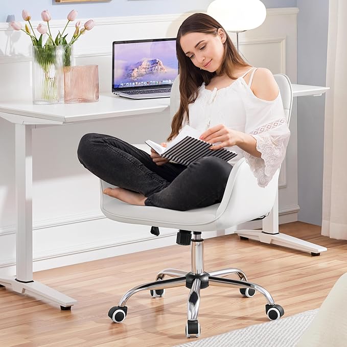 Yaheetech Modern Faux Leather Office Chair Ergonomic Adjustable Makeup Chair with Padded Armrests Big Seat for Office, Bedroom, Living Room, White