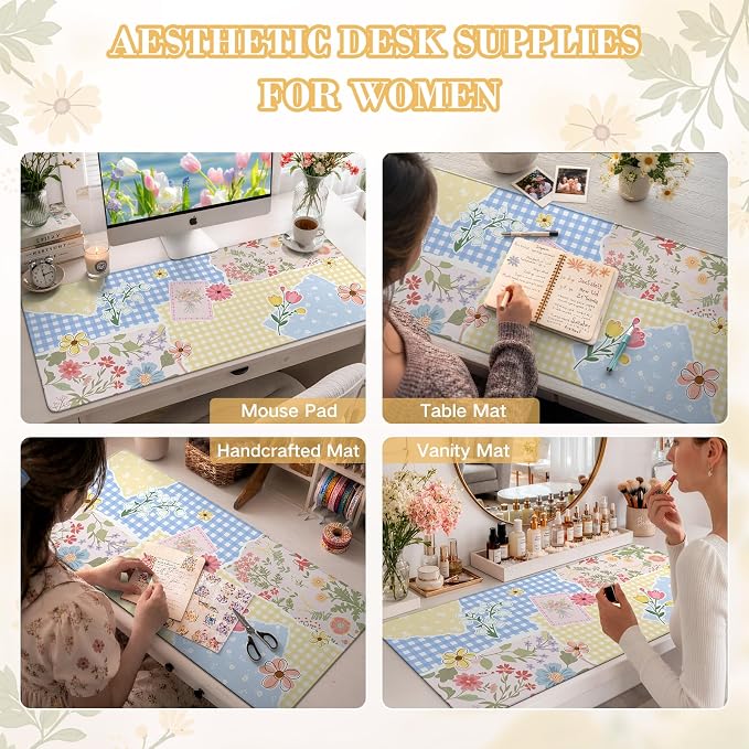 iCasso Aesthetic Checkered Desk Mat with Floral Design, Butter Yellow | XXL Mouse Pad and Keyboard Mat, Cute Flower Mousepad for Grily Desktop Decor, Office Home Laptop Accessories