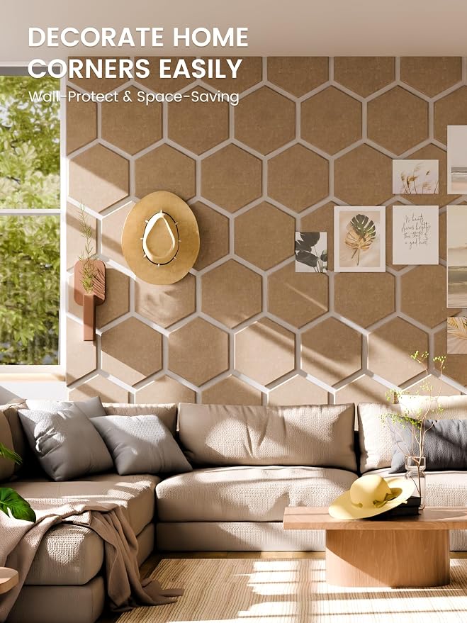 Fluxynara 12-Pack Hexagon Felt Bulletin Board Tiles, Taupe | Cork Board Alternative with 60 Adhesive Tabs for Notes, Photos and Reminders in Home Offices, Dorm and Classrooms