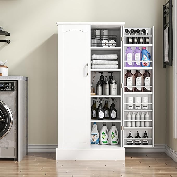47” Pantry Cabinet, Kitchen Pantry Storage Cabinet with Doors and Adjustable Shelves,Freestanding Buffet Cupboards Sideboard for Living Room and Dinning Room (White)