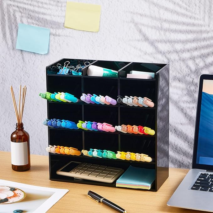 MotiMind Acrylic Pen Organizer Storage for 150 Markers Vertical Marker Organizer Acrylic Pen Display Holder for Office Desk Desktop Stationery Pencil Storage, Black, 10.2 x 4 x 9.8 Inch