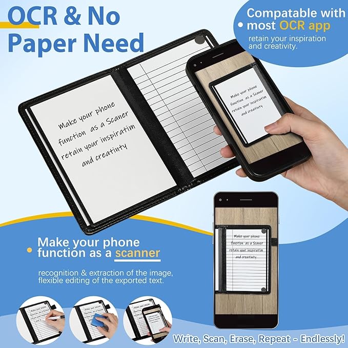 6 Sides Dry Erase Notebook Portable Whiteboards Notebook Small Reusable College Ruled Lined Board Folding Mini Travel Dry Erase White Board for Office Study(Black,A6: 5 x 7 Inches)