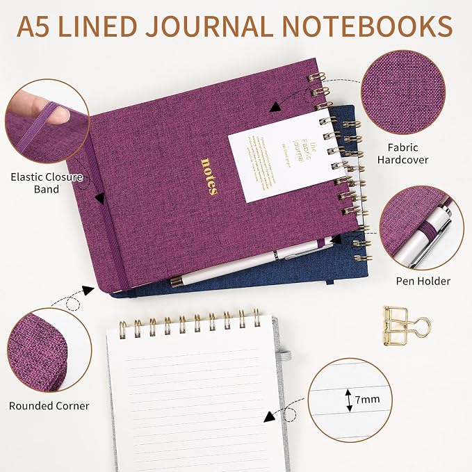 TSFPapier A5 Top Spiral Notebook, Fabric Hardcover College Ruled Journal | 100GSM Paper 160 Lined Pages, 5.7"x8.39" Steno Pads with Elastic Band & Pen Loop, for Work, School Note Taking (Grass Green)